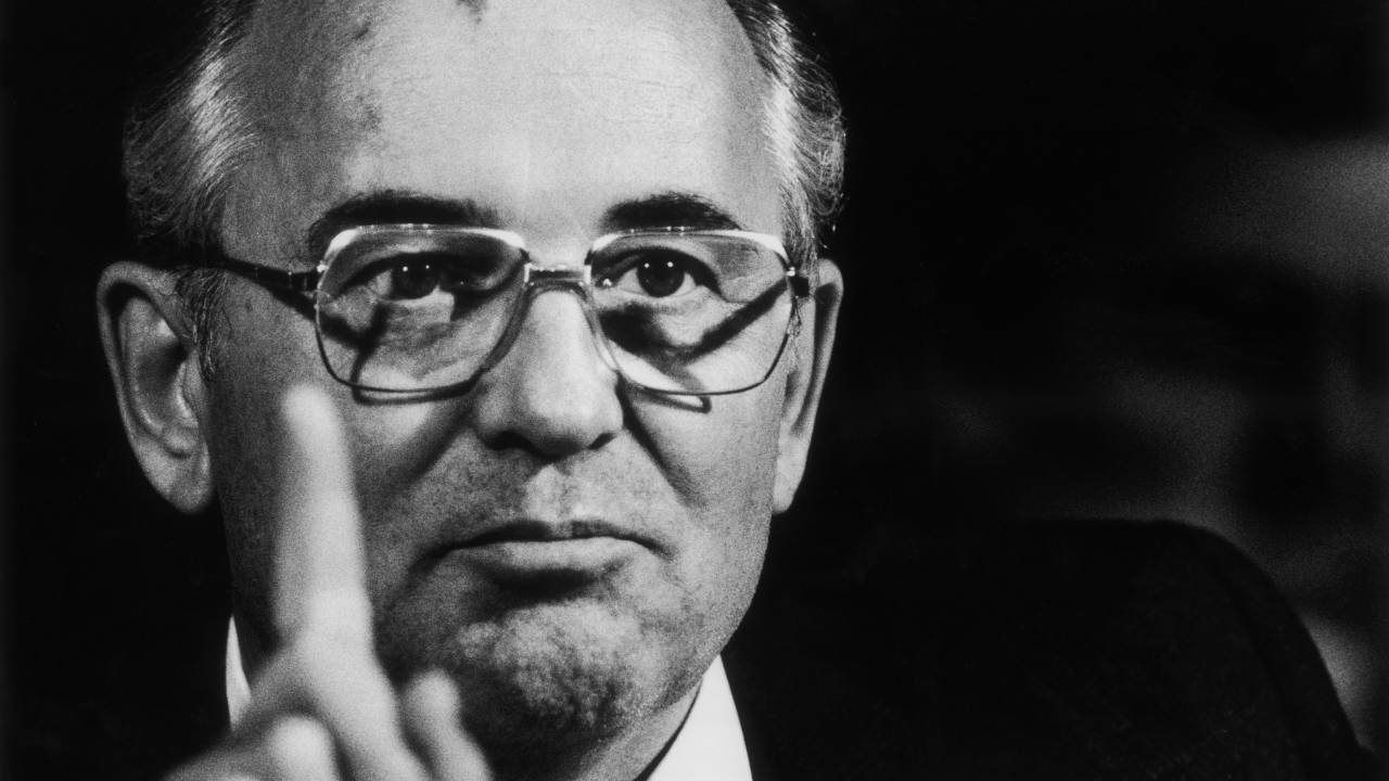 Mikhail Gorbachev, Russian President, gestures as he speaks during his new conference following the weekend summit with U.S. President Ronald Reagan in Reykjavik, Iceland, on Sunday, October 12, 1986