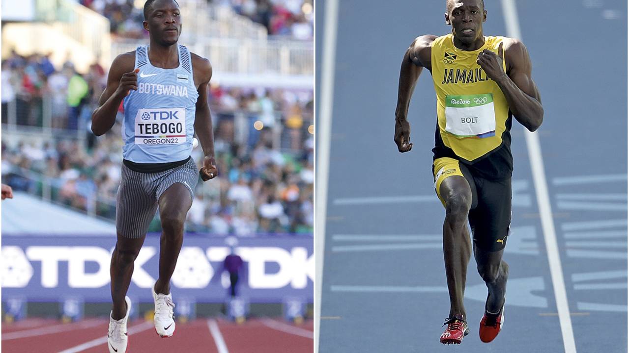 SEMELHANÇAS - Tebogo e Bolt: a supremacia evidente em relação aos adversários os autoriza a celebrar antes da linha -