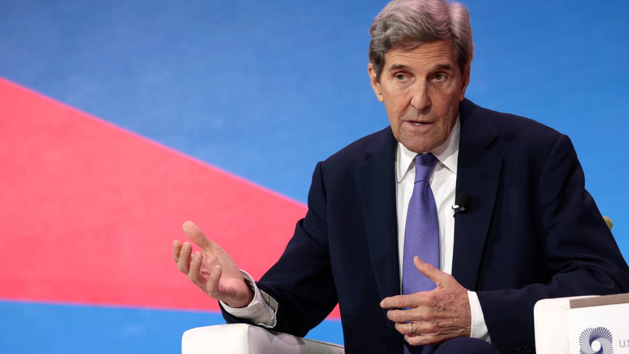 LOS ANGELES, CALIFORNIA - JUNE 09: Special Presidential Envoy for Climate John Kerry speaks during a panel during the CEO Summit of the Americas hosted by the U.S. Chamber of Commerce on June 09, 2022 in Los Angeles, California. The CEO Summit entered its second day of events alongside the Summit of the Americas, which is hosting leaders from across the Western Hemisphere. (Photo by Anna Moneymaker/Getty Images)