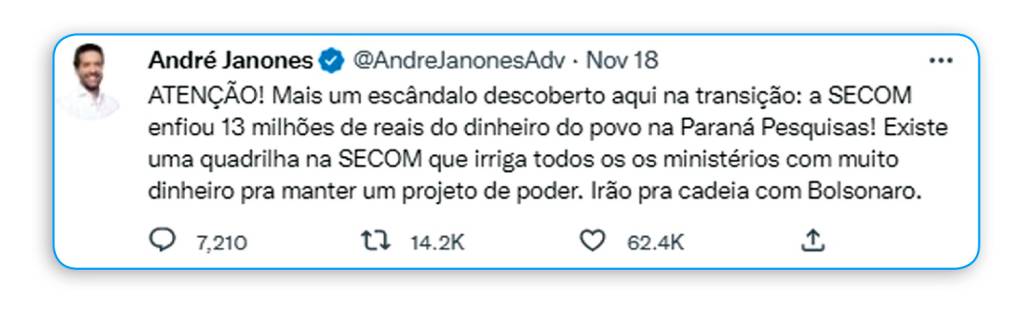 Janones IRRESPONSÁVEL - O post: denúncia infundada de que o Planalto gastou 13 milhões com instituto que trabalha para o PL -