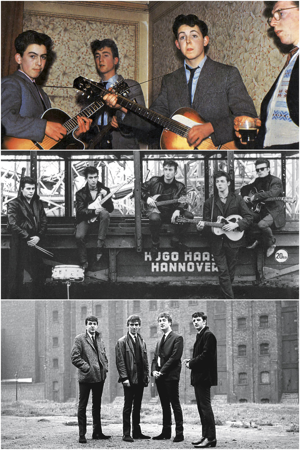abre-37.jpg HISTÓRIA - A banda em três momentos: em 1958, adolescentes; em 1960, em Hamburgo com Pete Best (à esq.) e Stuart Sutcliffe (à dir.); e em 1962, com Ringo -