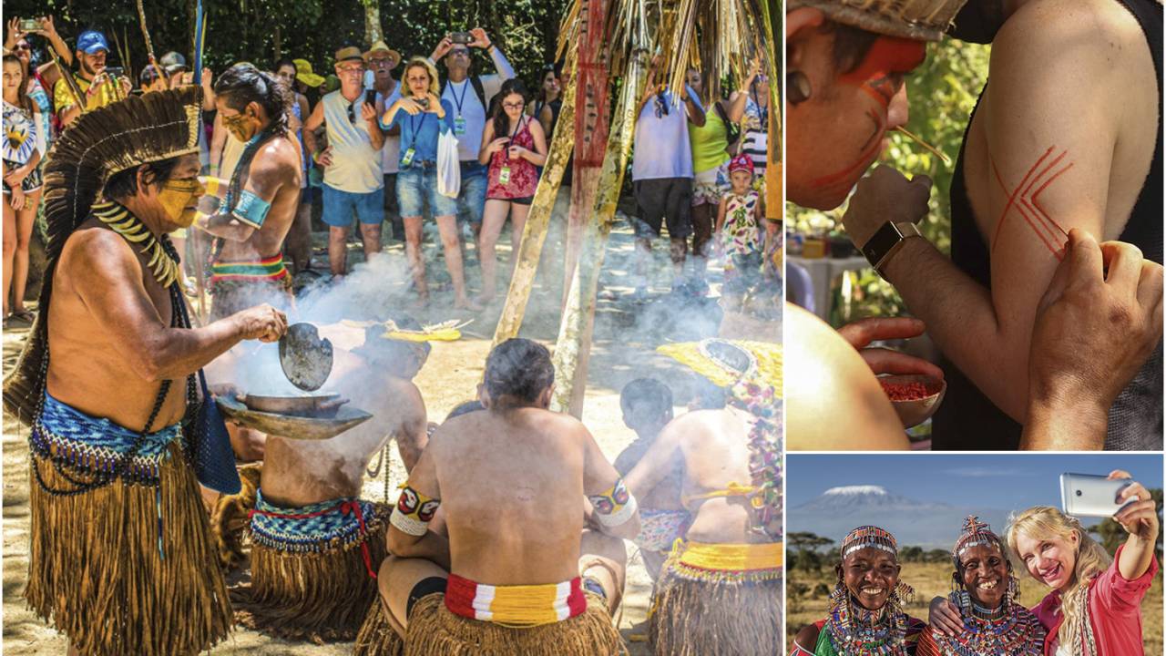 DE PERTO - Visitantes na Aldeia Pataxó, na Bahia (foto maior), pintura tradicional de indígenas katu, no Rio Grande do Norte (no alto), e membros do povo massai, no Quênia (à esq.): nova fonte de renda para os povoados -