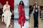 ESCONDE E MOSTRA - Vestidos de Lenny Niemeyer (branco), Alexander McQueen (vermelho) e Burberry, com quadril à mostra: o jogo de cortes assimétricos é utilizado como estratégia para acentuar a sensualidade -