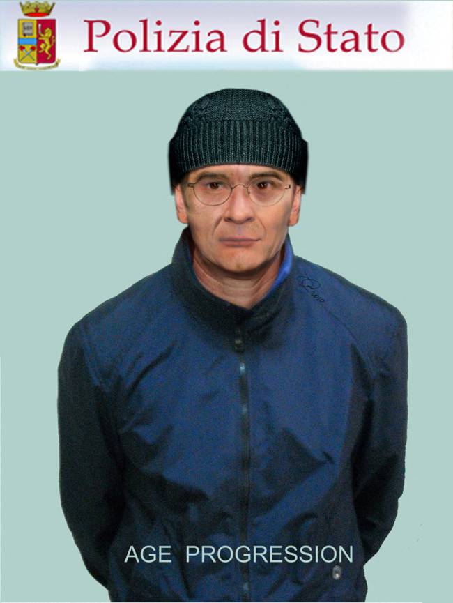 ITALY-CRIME-MAFIA A handout picture from Italian Carabinieri Press Office, released by ANSA on January 16, 2023 shows an Italian police reconstruction of the face of fugitive Sicilian godfather Matteo Messina Denaro, caught by Italian anti-mafia police on January 16, 2023, ending a 30-year manhunt for Italy's most wanted mobster. -
