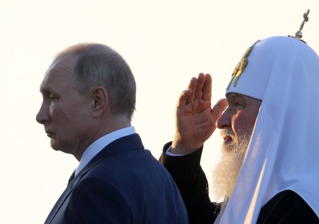 PSKOV, RUSSIA - SEPTEMBER,11 (RUSSIA OUT): Russian President Vladimir Putin (L) and Orthodox Patriarch Kirill (R) attend the opening ceremony of the monument to Prince Alexander Nevsky and His Guard at the supposed location of 1224 Battle on Ice, also known as Lake Peipus (Chudskoye) Battle, on September,11,2021, in Samolva villiage outside of Pskov, Russia. Russians marks the 800th Annivesrary of Alexander Nevsky's birthday this year. (Photo by Mikhail Svetlov/Getty Images)