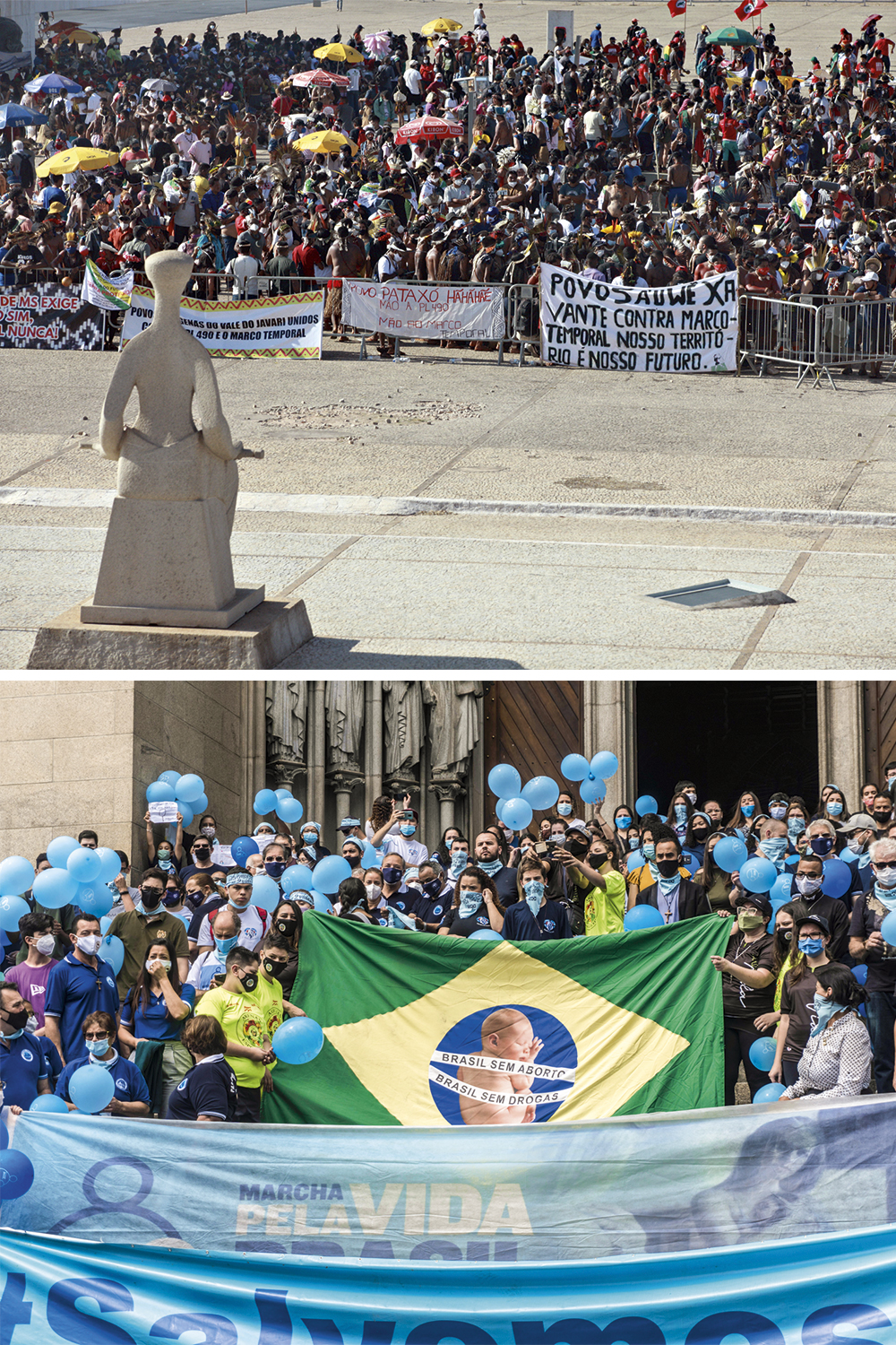 PROTESTOS-INDIGENAS-CONTRA-MARCO-TEMPORAL-2021-8-m.jpg POLÊMICAS - Protesto no Supremo pela rejeição do marco temporal (no alto) e ato em SP contra a interrupção de gravidez: os assuntos serão debatidos em 2023 -