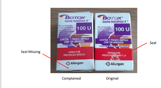 Selo botox O medicamento original possui um selo na embalagem secundária, que não está presente no produto falsificado