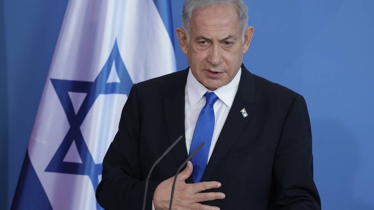 BERLIN, GERMANY - MARCH 16: Israeli Prime Minister Benjamin Netanyahu and German Chancellor Olaf Scholz (not pictured) speak to the media following talks at the Chancellery on March 16, 2023 in Berlin, Germany. Netanyahu's one-day visit to Berlin is being accompanied by protests, including both by people angry over Israel’s policies towards Palestinians as well as those critical of possible new legislation in Israel supported by Netanyahu that would undermine the independence and the power of Israel's Supreme Court, effectively curtailing democracy in Israel. (Photo by Sean Gallup/Getty Images)