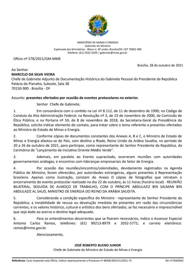 Documento enviado pelo MME à Presidência