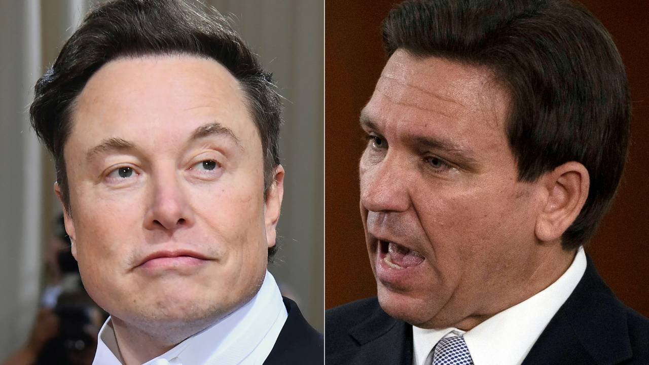 (COMBO) This combination of file pictures created on May 23, 2023 shows Elon Musk arriving for the 2022 Met Gala at the Metropolitan Museum of Art on May 2, 2022, in New York; and Florida Governor Ron DeSantis answering questions from the media in the Florida Cabinet following his State of the State address, March 7, 2023. DeSantis, the leading Republican rival to Donald Trump, will announce his 2024 US presidential bid on May 24, 2023, during a live Twitter event with Musk, a source familiar with his plans told AFP. "I will be interviewing Ron DeSantis and he has quite an announcement to make," Musk confirmed at a conference on Tuesday. (Photo by Angela Weiss and CHENEY ORR / AFP)