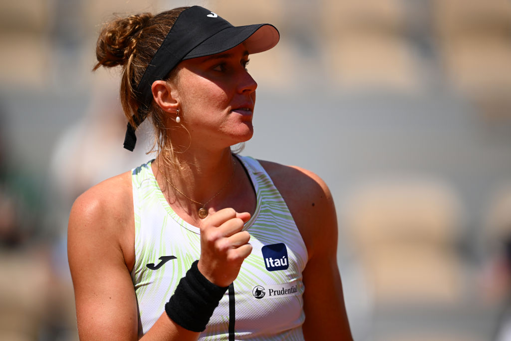 PARIS, FRANCE - JUNE 07: Beatriz Haddad Maia of Brazil celebrates a point against Ons Jabeur of Tunisia during the Women's Singles Quarter Final match on Day Eleven of the 2023 French Open at Roland Garros on June 07, 2023 in Paris, France. (Photo by Clive Mason/Getty Images)