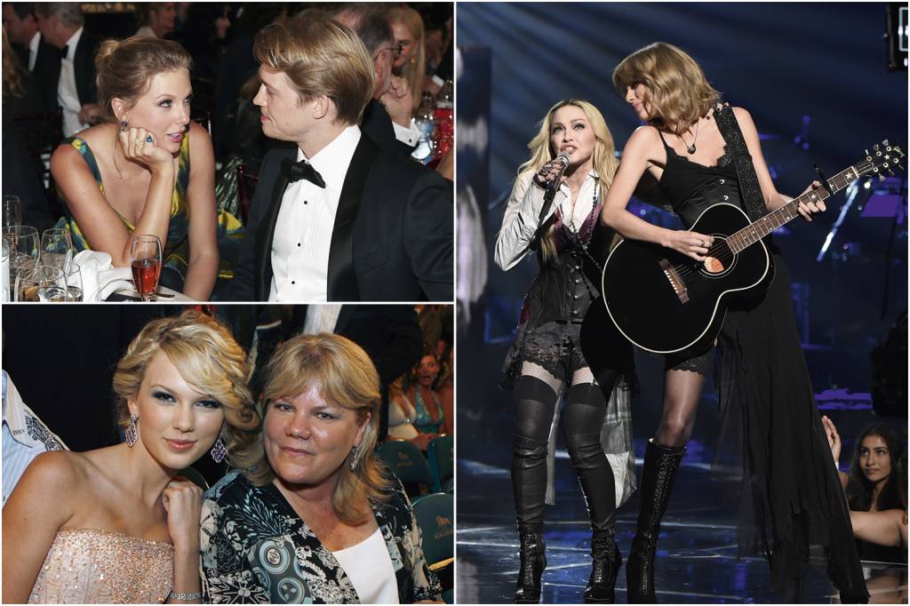 GettyImages-74161845.jpg FLAGRANTES - A estrela em três momentos: à esq., com a mãe, Andrea, sempre ativa nos bastidores; no alto, à esq., com o ex-namorado Joe Alwyn; e cantando com Madonna — a quem superou