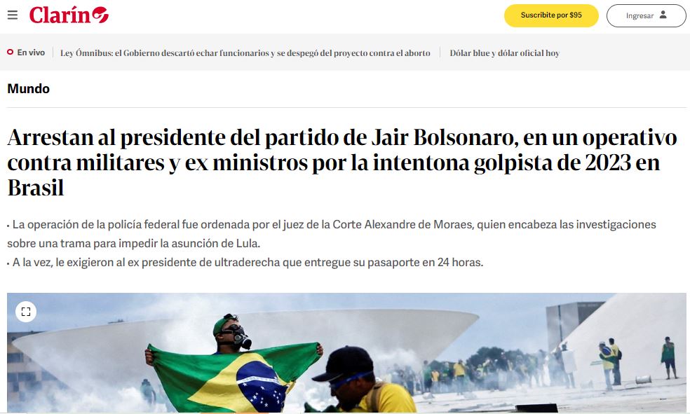 clarín Matéria do jornal argentino Clarín sobre Jair Bolsonaro. 08/02/2024