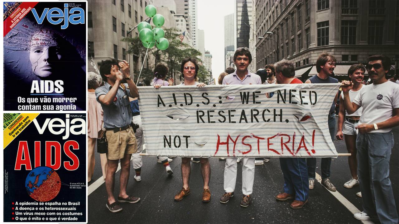 AVANÇO DA CIÊNCIA - No início dos anos 1980, manifestantes pedem menos histeria e mais pesquisa (à dir.): a trajetória da aids foi tema de sucessivas e premiadas capas de VEJA