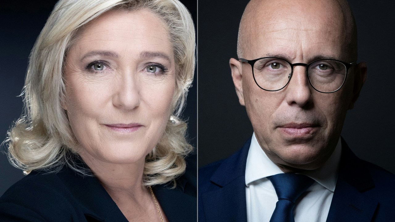 Líder do partido de extrema direita francês Rassemblement National (RN), Marine Le Pen, e líder do partido conservador Republicanos (LR), Eric Ciotti.