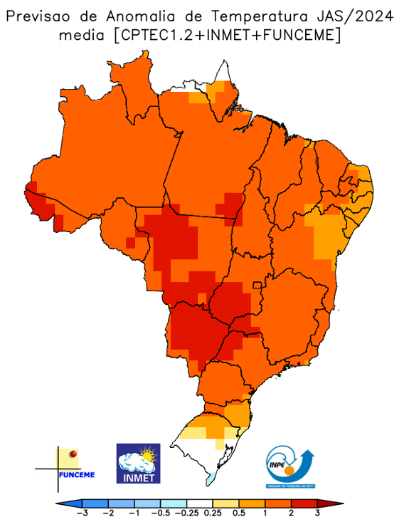 MÉDIA ALTA - Inverno: mapa do Instituto Nacional de Meteorologia mostra temperaturas acima da média no país