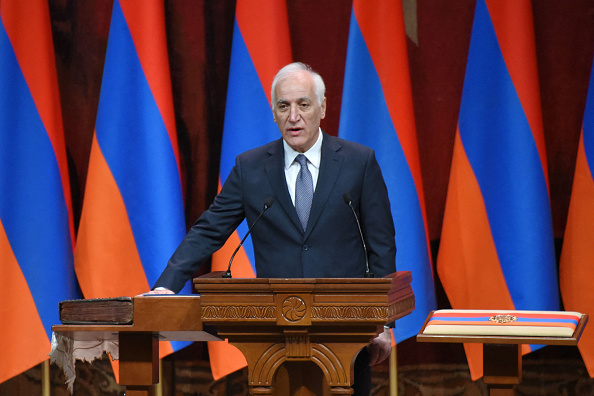 Presidente da Armênia, Vahagn Khachaturyan, durante sua cerimônia de posse em Yerevan, capital da Armênia. 13/03/2022