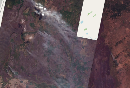 Imagem de satélite mostra incêndio no Pantanal, no município de Corumbá (MS)