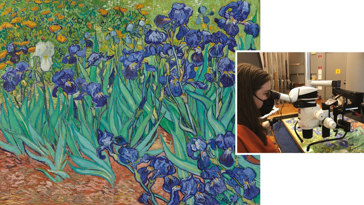AS ÍRIS - A análise do quadro (à esq.) de Van Gogh revelou que as flores originais eram de outra cor e detectou surpresas como pólen misturado à tinta. À direita, a cientista americana Catherine Patterson examina as pinceladas do mestre com microscópio