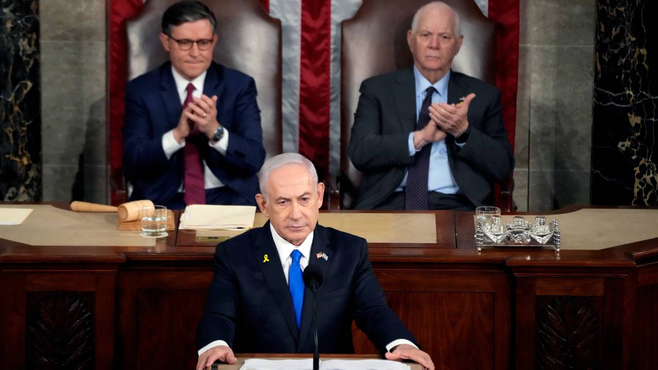 WASHINGTON, DC - JULY 24: Israeli Prime Minister Benjamin Netanyahu addresses a joint meeting of Congress in the chamber of the House of Representatives at the U.S. Capitol on July 24, 2024 in Washington, DC. Netanyahu’s visit occurs as the Israel-Hamas war reaches nearly ten months. A handful of Senate and House Democrats boycotted the remarks over Israel’s treatment of Palestine. (Photo by Kent Nishimura/Getty Images)