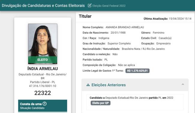 Ficha da candidatura de Índia Armelau (PL) a deputada estadual no Rio de Janeiro em 2022, com sua autodeclaração como 