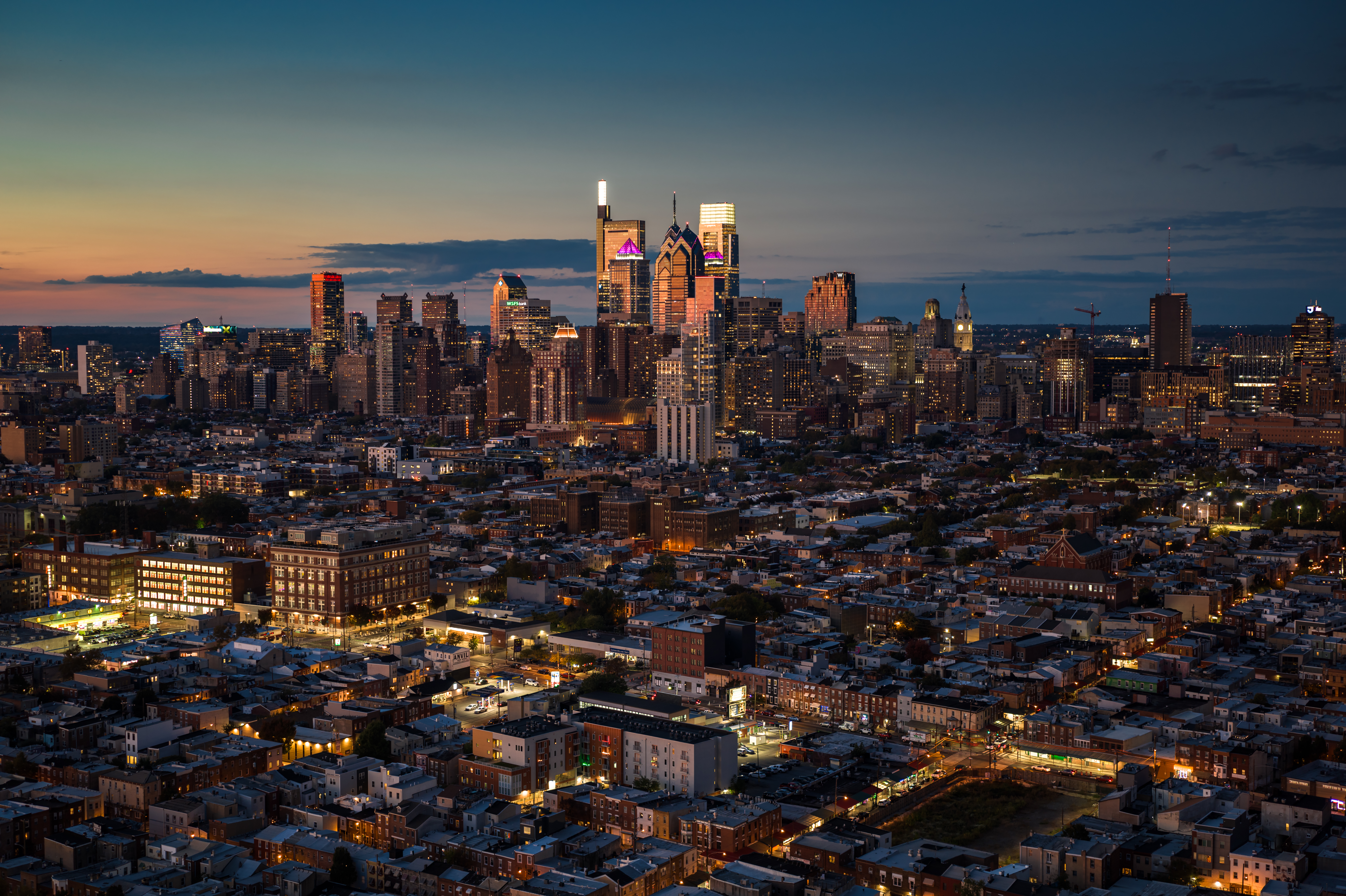 Aerial Shot of Downtown Philadelphia on Overcast Sunset