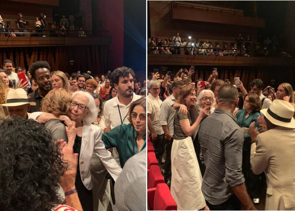 Fernanda Torres surpreende mãe e surge com seguranças em estreia de filme