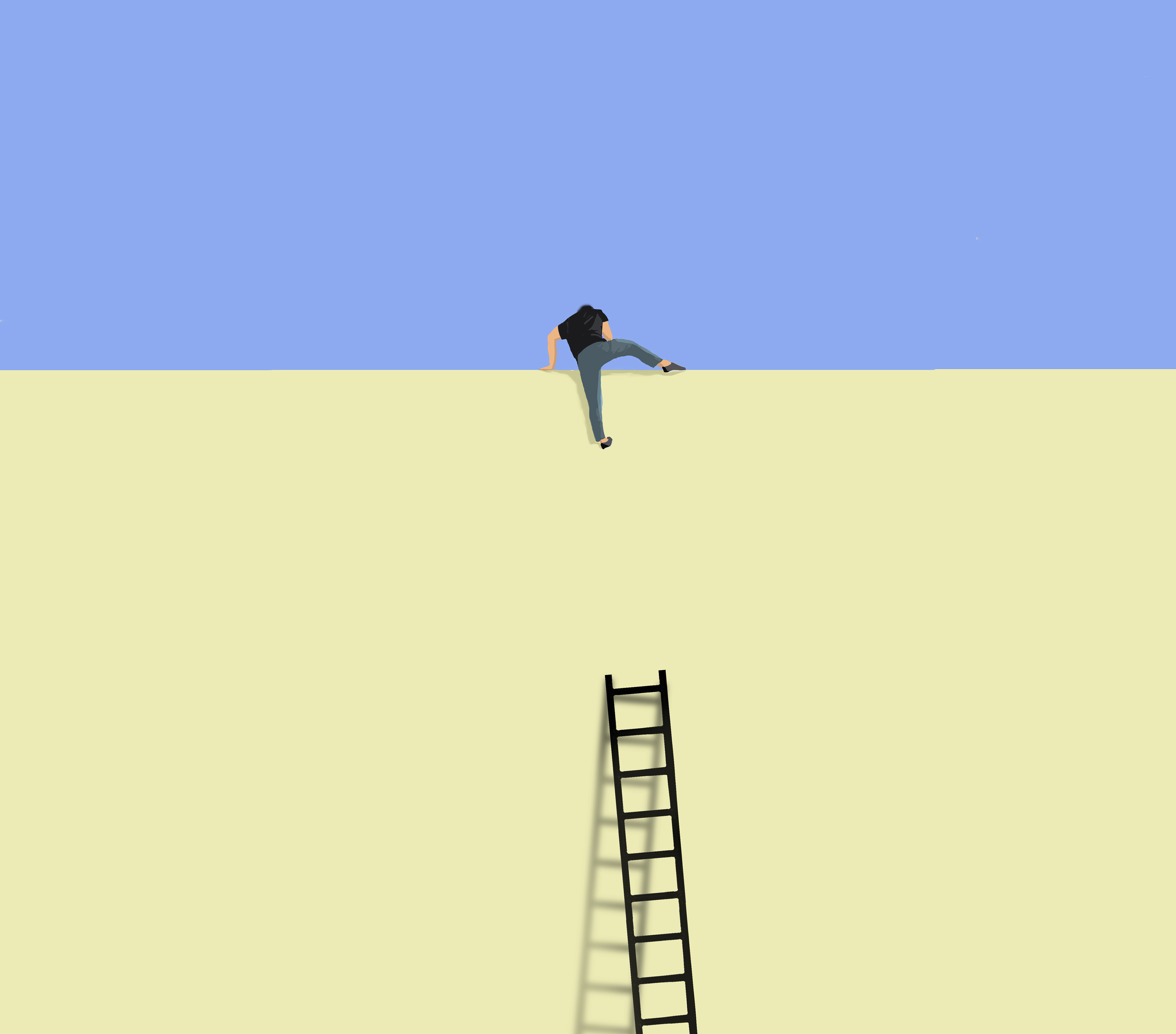 Illustration of man climbing over tall wall