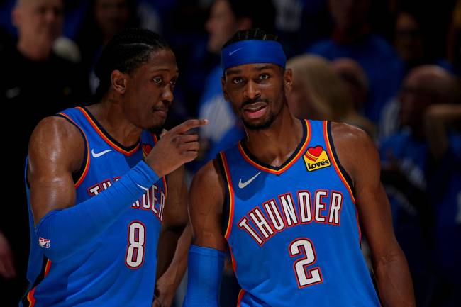 OKLAHOMA CITY, OK - JUNE 22: Jalen Williams #8 and Shai Gilgeous-Alexander #2 of the Oklahoma City Thunder look on during the game against the Indiana Pacers during Game Seven of the 2025 NBA Finals on June 22, 2025 at Paycom Center in Oklahoma City, Oklahoma. NOTE TO USER: User expressly acknowledges and agrees that, by downloading and or using this photograph, User is consenting to the terms and conditions of the Getty Images License Agreement. Mandatory Copyright Notice: Copyright 2025 NBAE (Photo by Garrett Ellwood/NBAE via Getty Images)