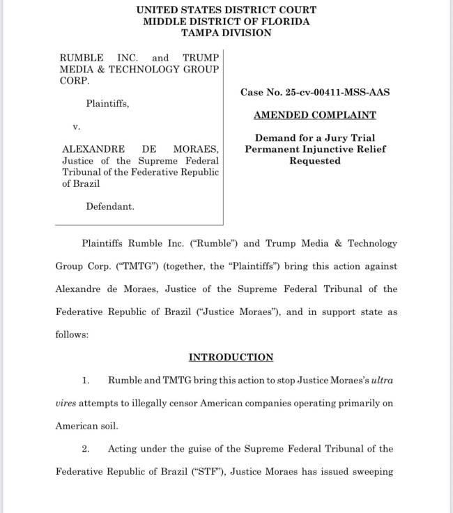 Documento de 62 páginas sobre a ação da Trump Media e da Rumble contra o ministro do STF por suposta censura Alexandre de Moraes