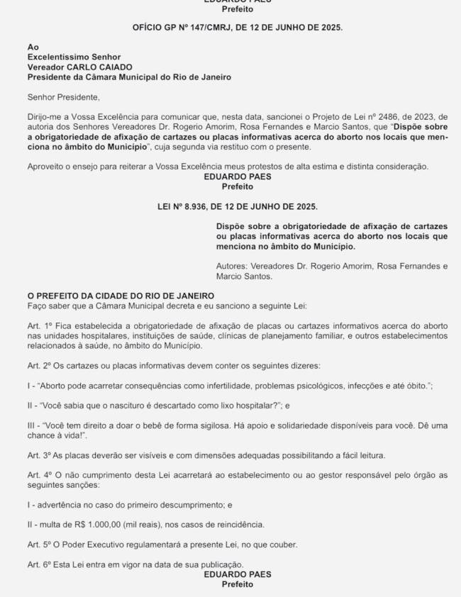 WhatsApp Image 2025-06-18 at 12.25.39 Lei sancionada por Eduardo Paes sobre cartazes contra aborto na rede de saúde pública