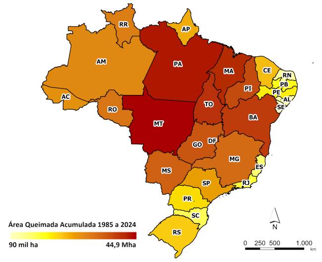 Área queimada acumulada (em hectares) por estado entre 1985 e 2024
