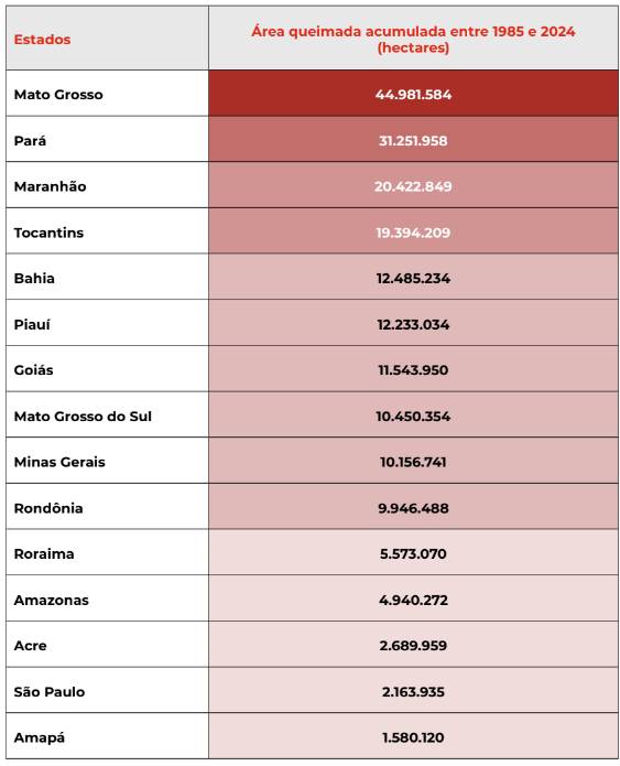Área queimada acumulada (em hectares) por estado entre 1985 e 2024