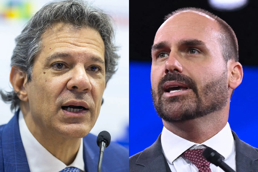 O ministro da Fazenda, Fernando Haddad (PT); e o deputado federal Eduardo Bolsonaro (PL-SP)