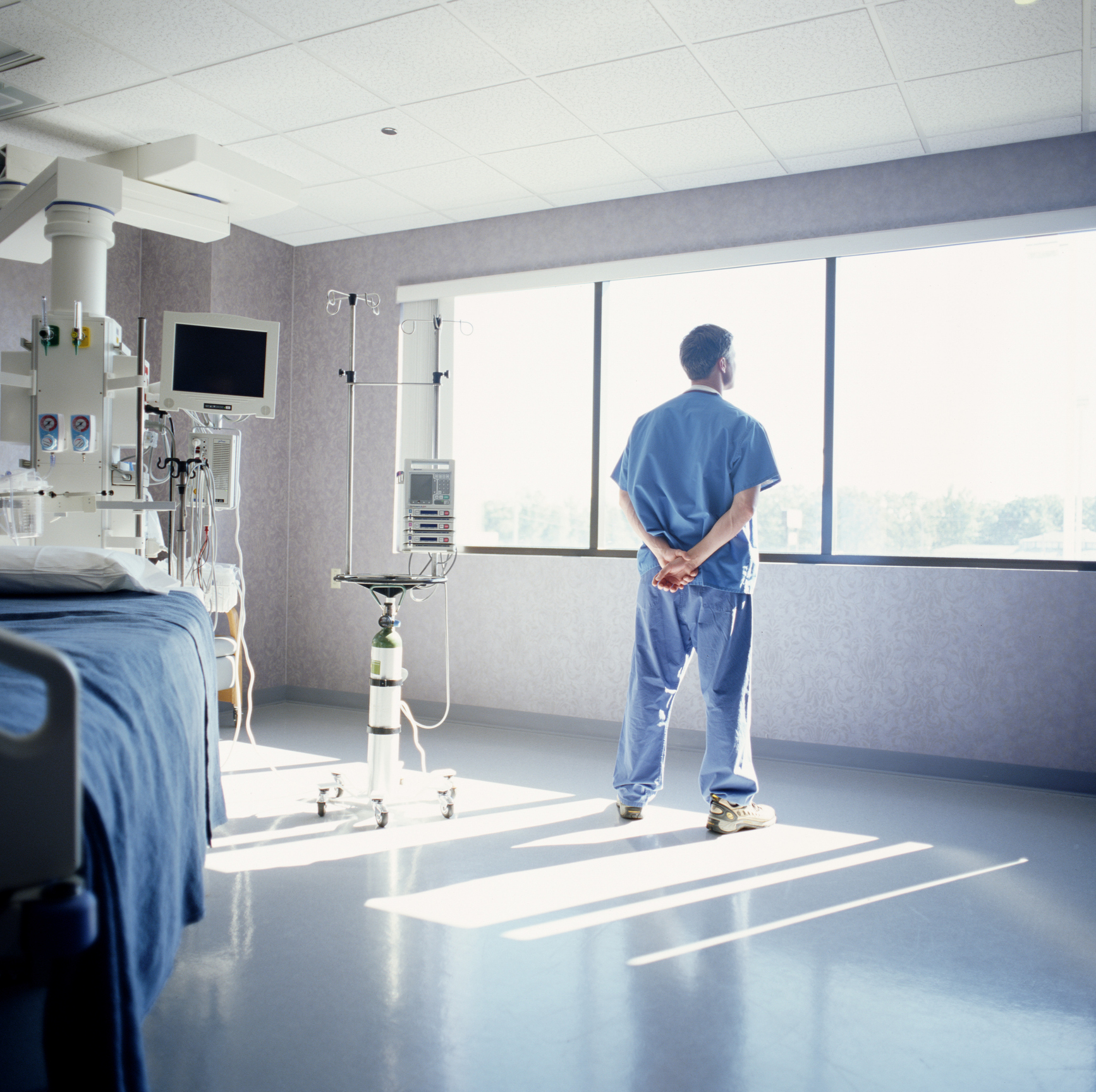 Male doctor looking out window in hospital room, rear view