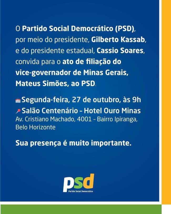 Texto anuncia ato de filiação de Mateus Simões ao PSD no dia 27 de outubro de 2025