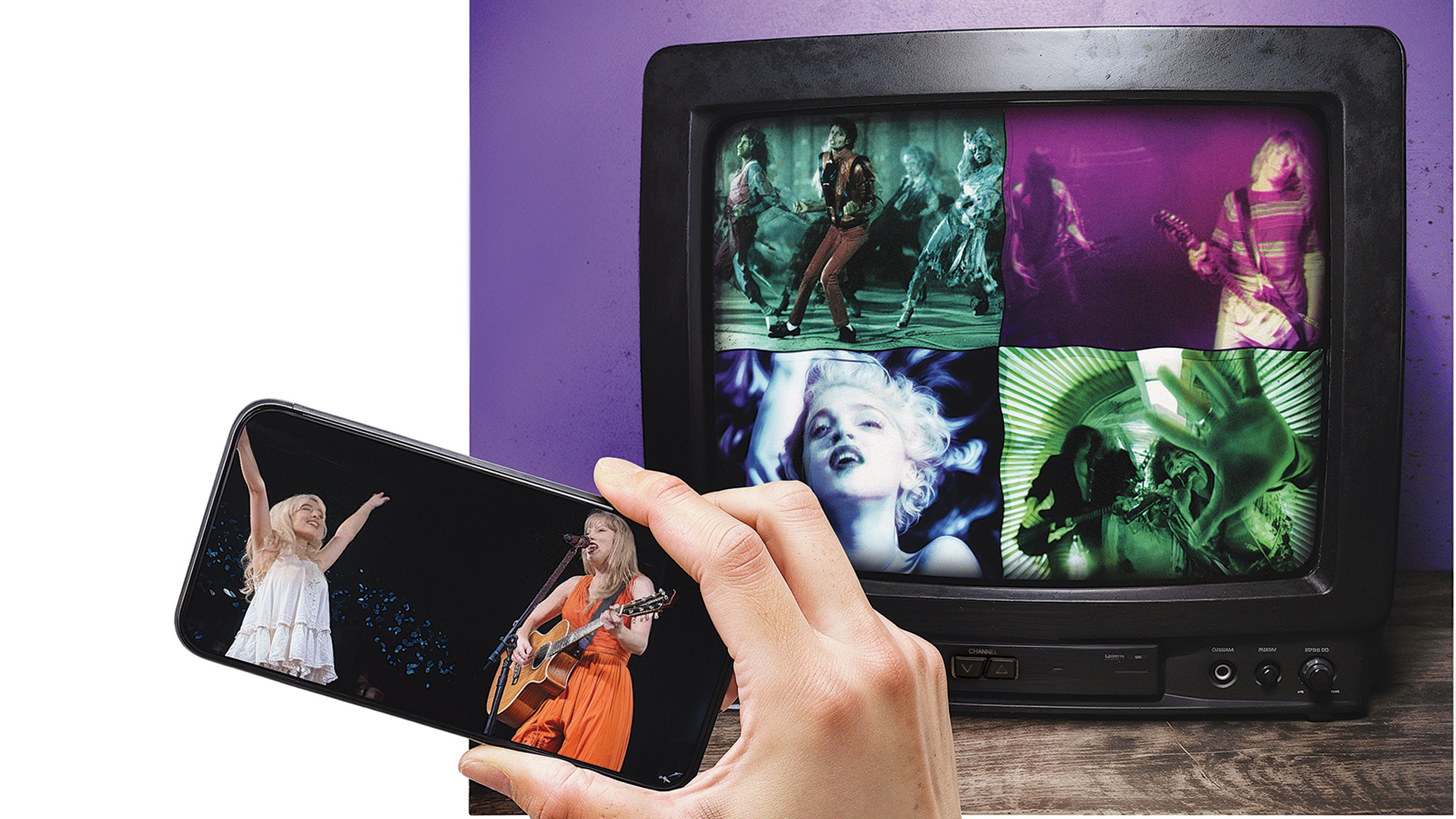 ONTEM E HOJE - A velha tela da TV com clipes de Michael Jackson, Nirvana, Madonna e Aerosmith e doc de Taylor no celular: mudança de veículos