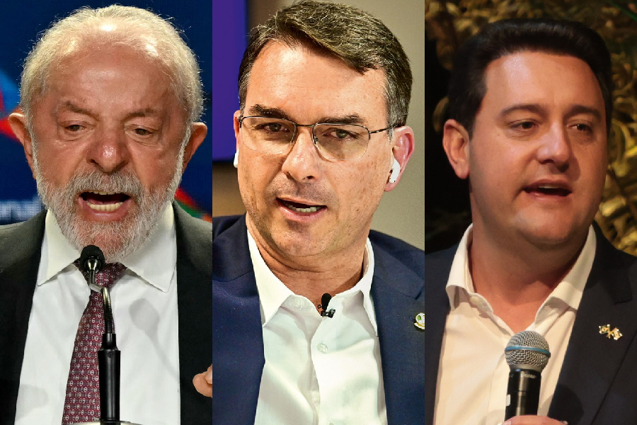 O presidente da República, Luiz Inácio Lula da Silva; o senador Flávio Bolsonaro (PL-RJ); e o governador do Paraná, Ratinho Júnior (PSD)
