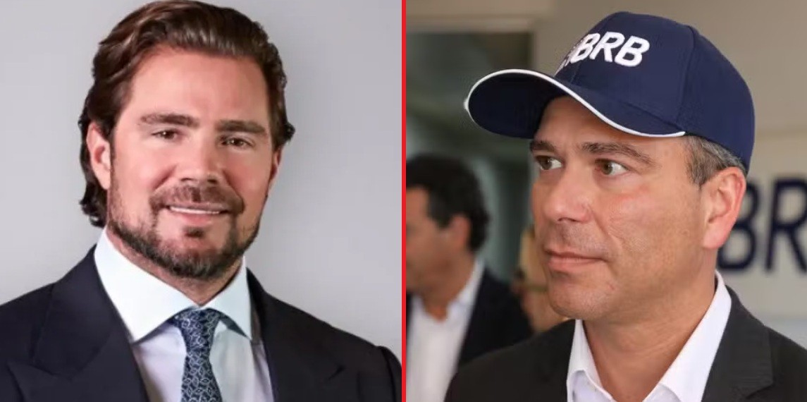 Montagem com dois homens. À esquerda, um homem branco de barba e cabelo castanho, sorrindo, veste terno escuro e gravata azul. À direita, um homem branco de boné azul com BRB em branco, olhando para a esquerda, veste camisa branca e paletó escuro