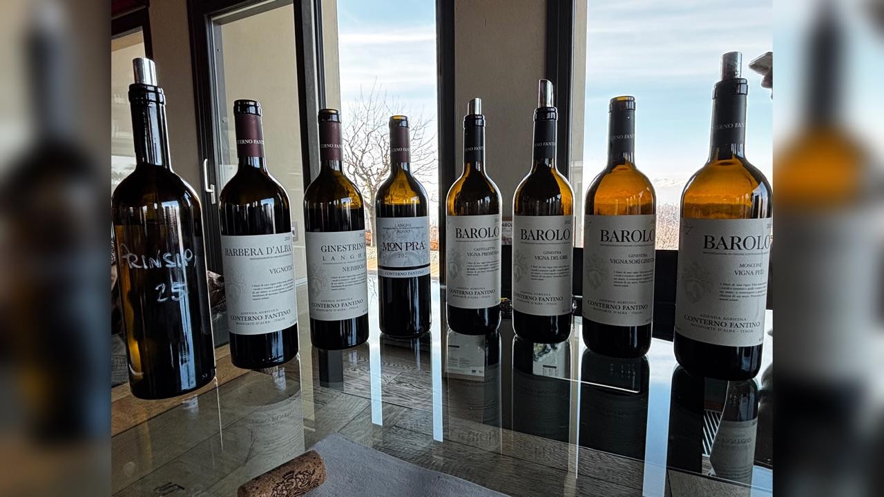 Sete garrafas de vinho em uma mesa de vidro, com rótulos brancos e pretos, refletindo a luz de uma janela ao fundo